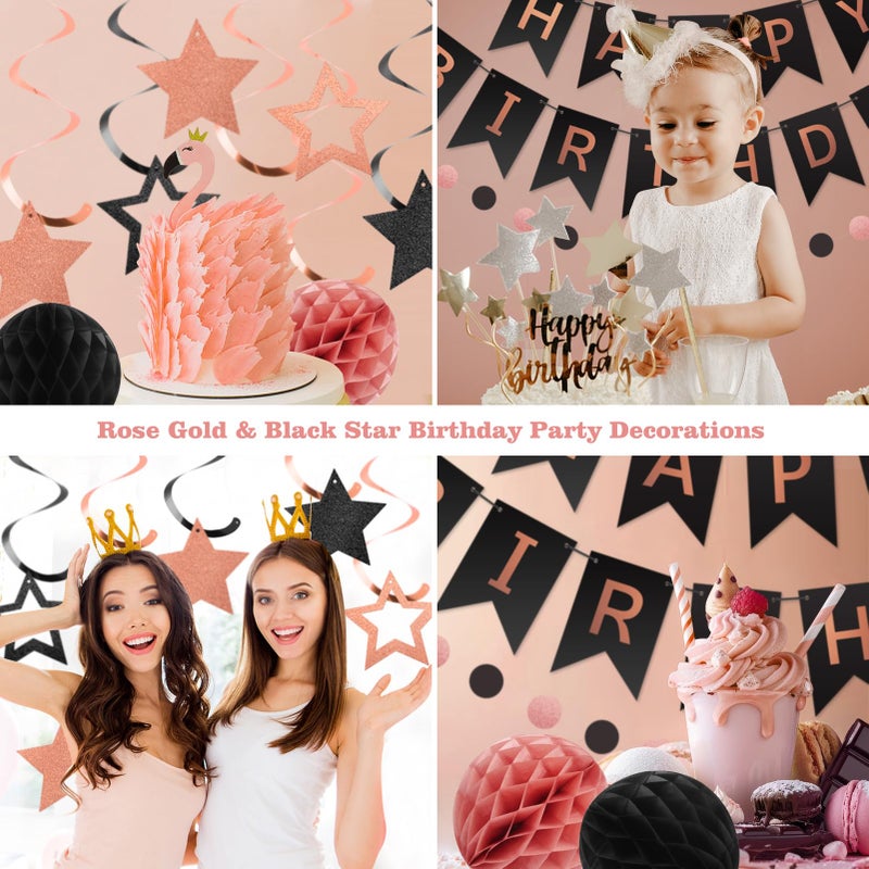 meowtastic Birthday Decorations, Happy Birthday Banner with Honeycomb Ball, Star Hanging Swirl Streamer, Circle Dot Garland, Happy Birthday Party Decoration for Women Men Boy Girl (Rose Gold & Black) - Image 4