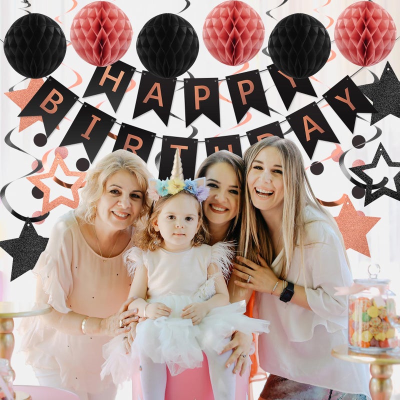 meowtastic Birthday Decorations, Happy Birthday Banner with Honeycomb Ball, Star Hanging Swirl Streamer, Circle Dot Garland, Happy Birthday Party Decoration for Women Men Boy Girl (Rose Gold & Black) - Image 5