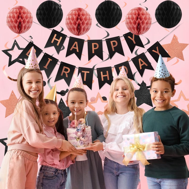 meowtastic Birthday Decorations, Happy Birthday Banner with Honeycomb Ball, Star Hanging Swirl Streamer, Circle Dot Garland, Happy Birthday Party Decoration for Women Men Boy Girl (Rose Gold & Black) - Image 3