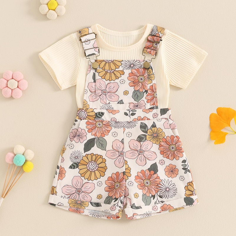 Lucikamy Toddler Baby Girls Summer Outfit Short Sleeve Ribbed Tops + Flower Suspender Overalls Shorts Set Kids Cute Clothes (Beige Top + Flower, 18-24 Months) - Image 2