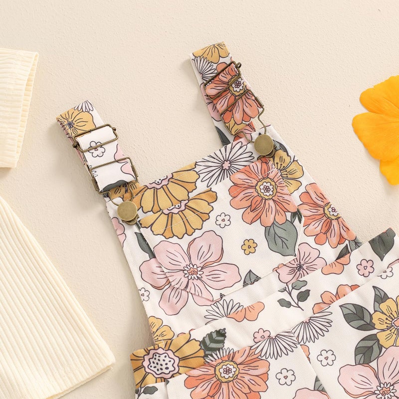 Lucikamy Toddler Baby Girls Summer Outfit Short Sleeve Ribbed Tops + Flower Suspender Overalls Shorts Set Kids Cute Clothes (Beige Top + Flower, 18-24 Months) - Image 4