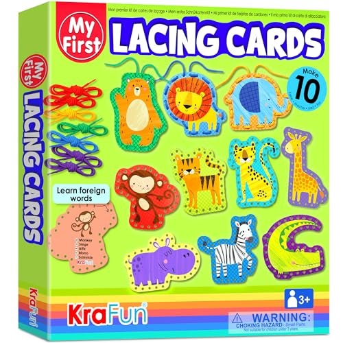 KRAFUN Safari Animal Preschool Arts Crafts Lacing Kit 10 Easy Lacing Cards for Toddlers Fine Motor Skills - Image 1