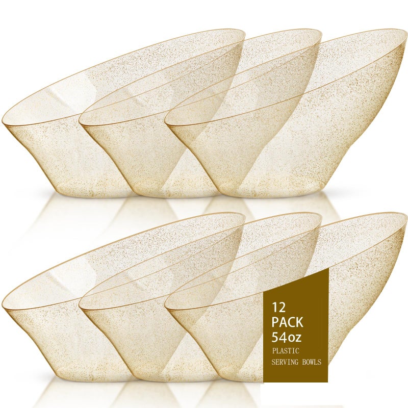bUCLA 12 Pack Gold Glitter Plastic Serving Bowls - 54 OZ Angled Serving Bowls Disposable for Chip,Candy, Snack,Salad & Fruit - Ideal for Party, Wedding & Thanksgiving - Image 1