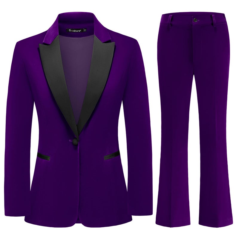 TRONSTORE Women's Velvet Suit 2 Piece Set Satin Peaked Lapel Blazer Outfits for Women Wedding Party Business-Deep Purple M - Image 1