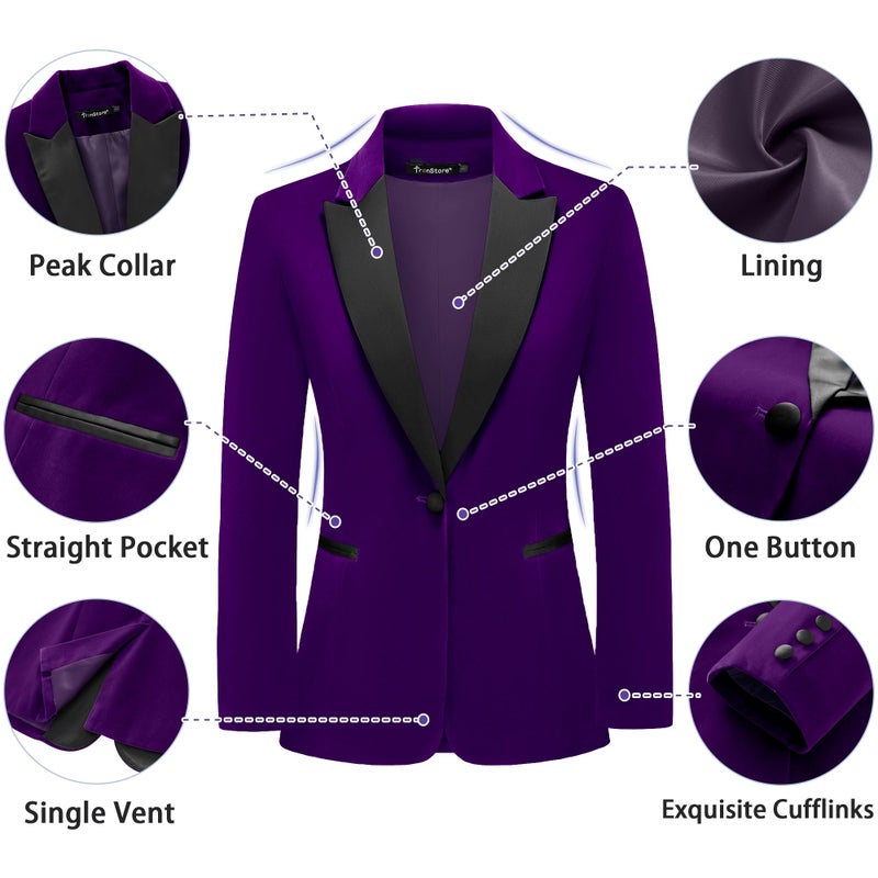 TRONSTORE Women's Velvet Suit 2 Piece Set Satin Peaked Lapel Blazer Outfits for Women Wedding Party Business-Deep Purple M - Image 2