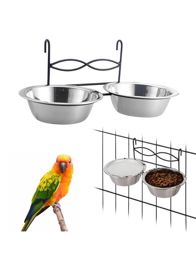 كاثسون أوعية طعام معلقة للطيور من كاثسون للقفص، قطعتان من الفولاذ المقاوم للصدأ وأطباق طعام وماء معدنية للحيوانات الأليفة مع حامل وخطاف تغذية للقفص وأكواب تغذية للطيور والببغاوات والكلاب والقطط صغيرة الحجم (قطر 4.3 بوصة) - Image 1