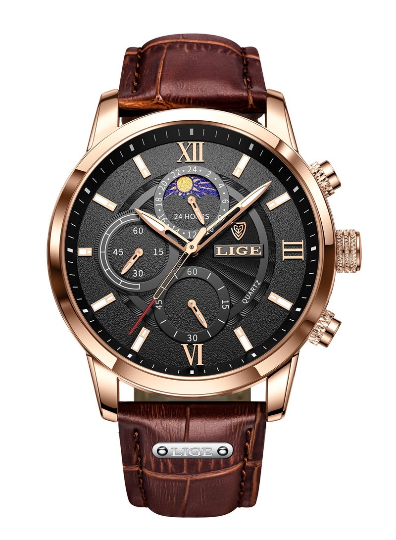 LIGE Waterproof Watches for Men Analog Quartz Watch for Business with Luxury Leather Strap Rose Gold Black - Image 1