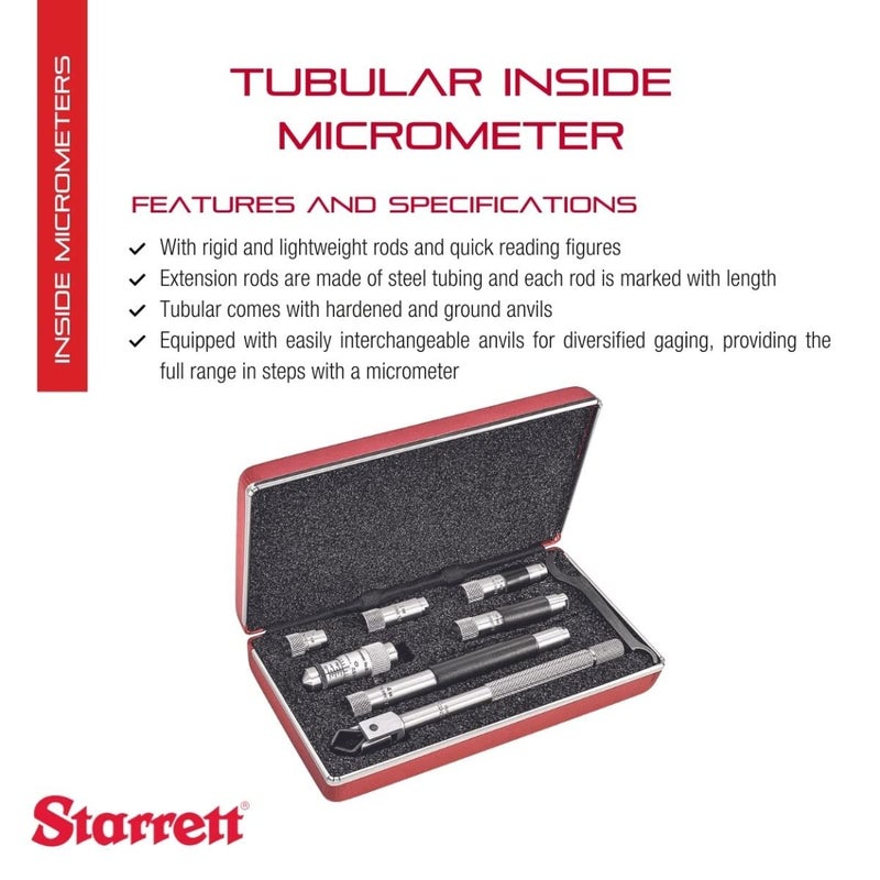 Starrett Tubular Inside Micrometer Set with Case QuickReading Figures Hardened Interchangeable and Ground Anvils  158 Range 001 Graduations  823AZ - Image 2