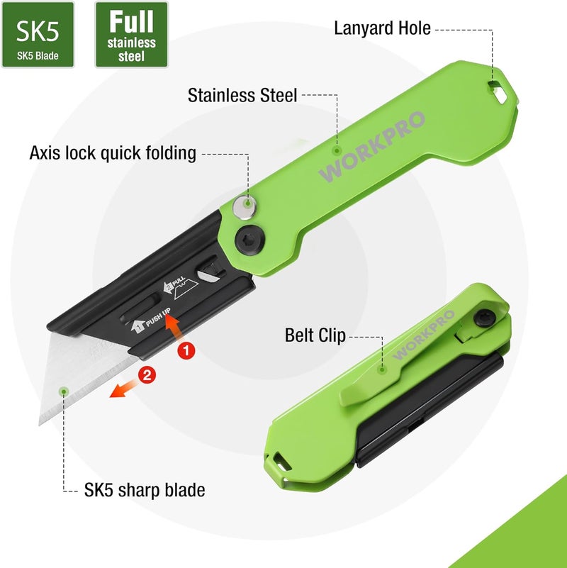 WORKPRO EDC Folding Utility Knife, Mini Box Cutter with Quick Open Axis Lock, Quick Change Blade Razor Knife, Foldable Small Pocket Knife with Belt Clip - Image 3