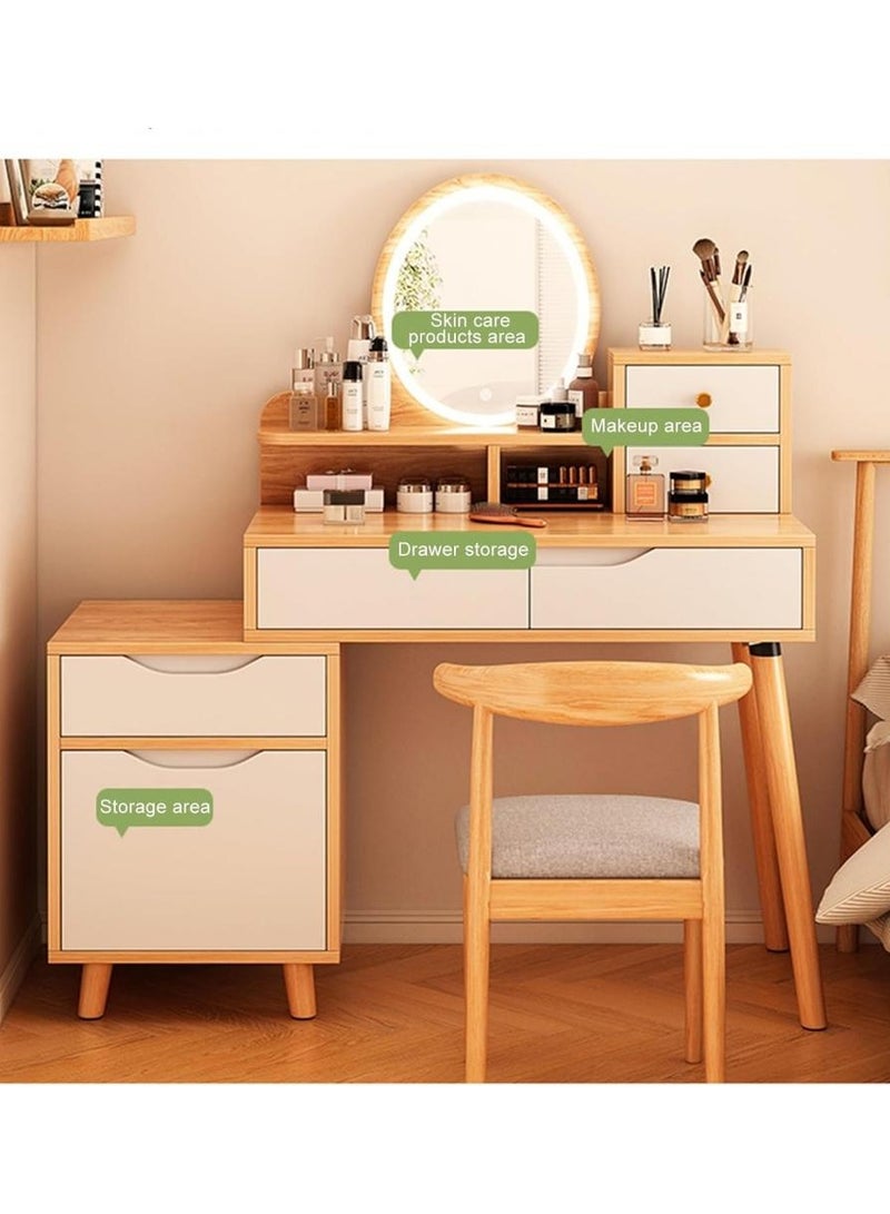 اليسا طاولة زينة مع مرآة دائرية LED وخزانة جانبية متحركة و5 أدراج ورف وأرجل من الخشب الصلب وتحكم باللمس وتصميم موفر للمساحة - Image 3