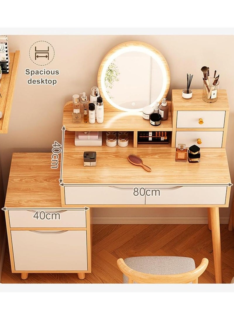 اليسا طاولة زينة مع مرآة دائرية LED وخزانة جانبية متحركة و5 أدراج ورف وأرجل من الخشب الصلب وتحكم باللمس وتصميم موفر للمساحة - Image 5