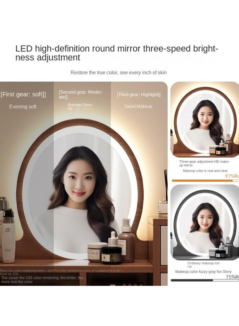 اليسا طاولة زينة مع مرآة دائرية LED وخزانة جانبية متحركة و5 أدراج ورف وأرجل من الخشب الصلب وتحكم باللمس وتصميم موفر للمساحة - Image 2