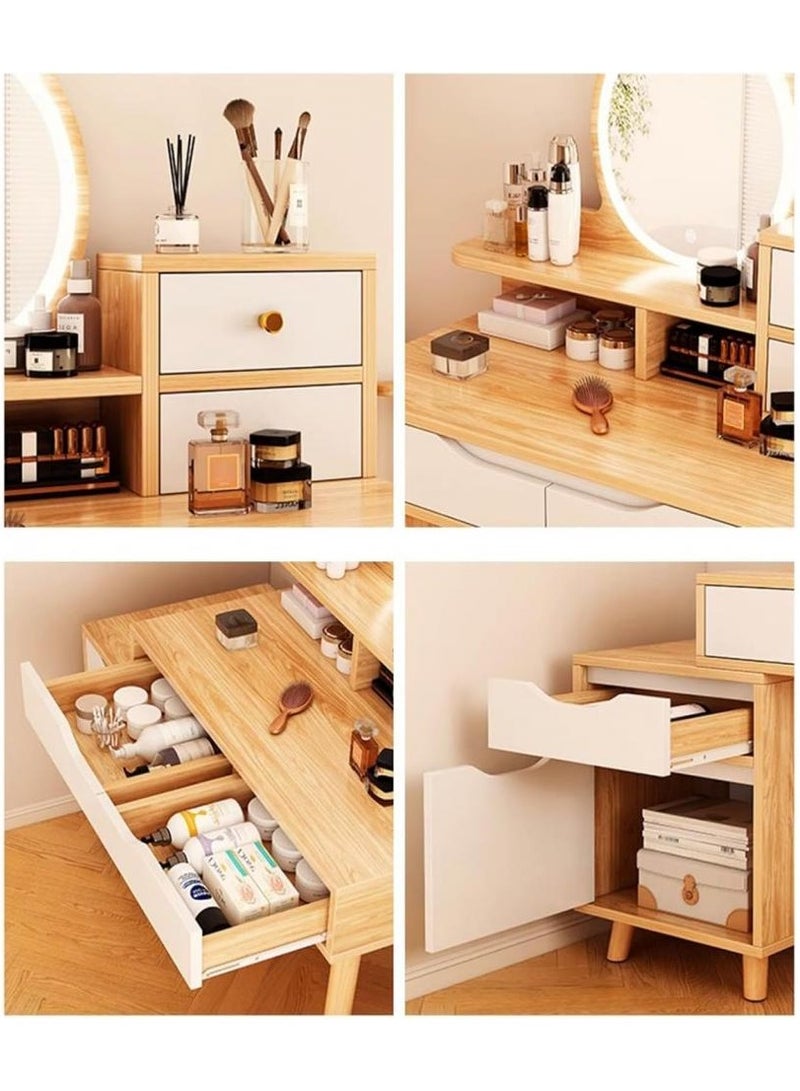 اليسا طاولة زينة مع مرآة دائرية LED وخزانة جانبية متحركة و5 أدراج ورف وأرجل من الخشب الصلب وتحكم باللمس وتصميم موفر للمساحة - Image 4