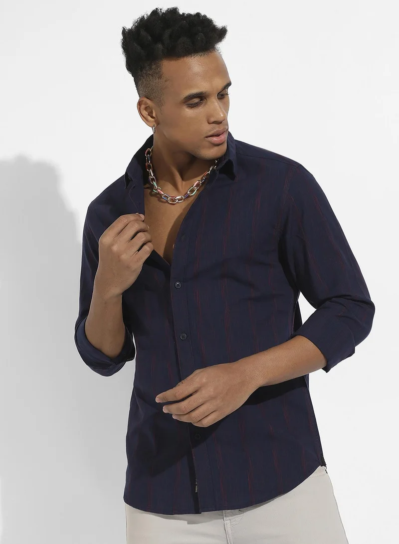 Men's Navy Blue & Red Ombre Striped Shirt