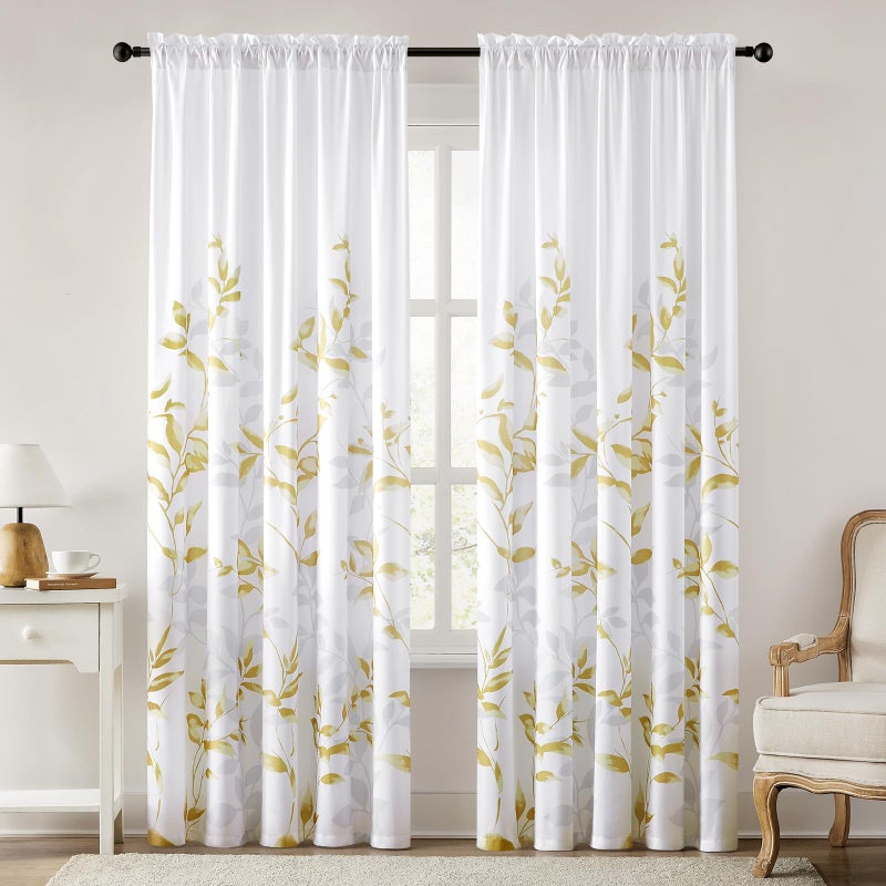 HOMEIDEAS ستائر شفافة للنوافذ باللونين الذهبي والأبيض بنمط أوراق وزهور - 52 X 84 بوصة طول 2 لوحات