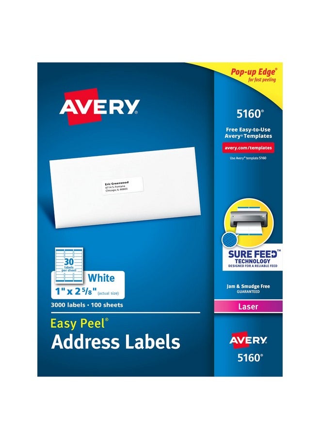 افيري ملصقات عناوين Avery سهلة التقشير وقابلة للطباعة مع تغذية مؤكدة، مقاس 1 بوصة × 2-5/8 بوصة، بيضاء، 3000 ملصق بريد فارغ (05160)  - Image 1