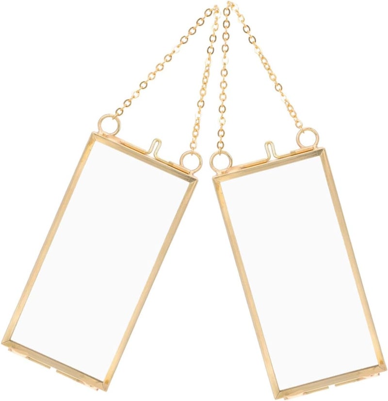 2pcs Vertical Brass Hanging Glass Picture Frames for Pressed Flowers 5x10cm Copper Color Specimen Display Art Frames for Home Décor - Image 1