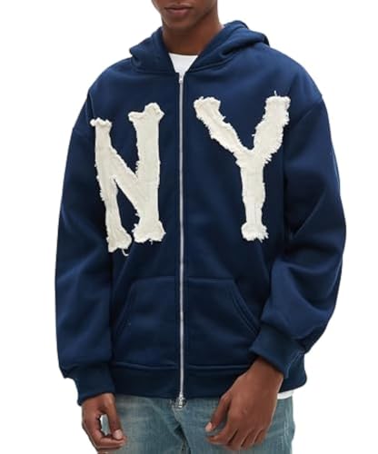 Dynict Unisex Letter Embroidery Trendy Hoodies Zip Up Casual Overszie Colorful Y2K Hip Hop Streetwear Harajuku Jacket (Blue NY,Medium) - Image 1