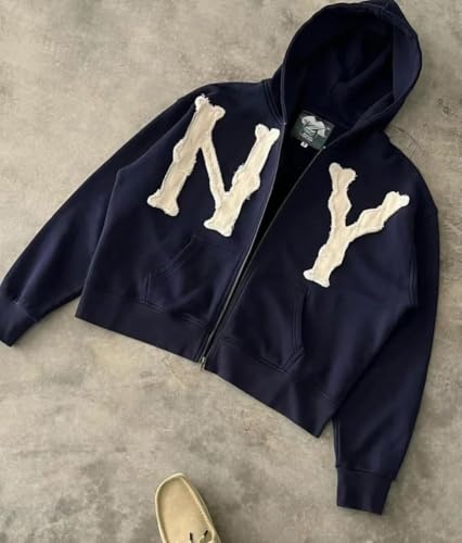 Dynict Unisex Letter Embroidery Trendy Hoodies Zip Up Casual Overszie Colorful Y2K Hip Hop Streetwear Harajuku Jacket (Blue NY,Medium) - Image 5