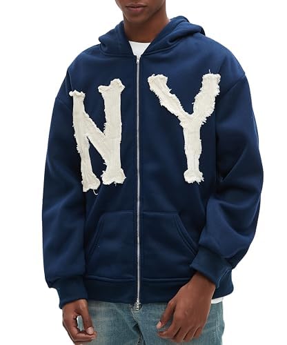 Dynict Unisex Letter Embroidery Trendy Hoodies Zip Up Casual Overszie Colorful Y2K Hip Hop Streetwear Harajuku Jacket (Blue NY,Medium) - Image 2