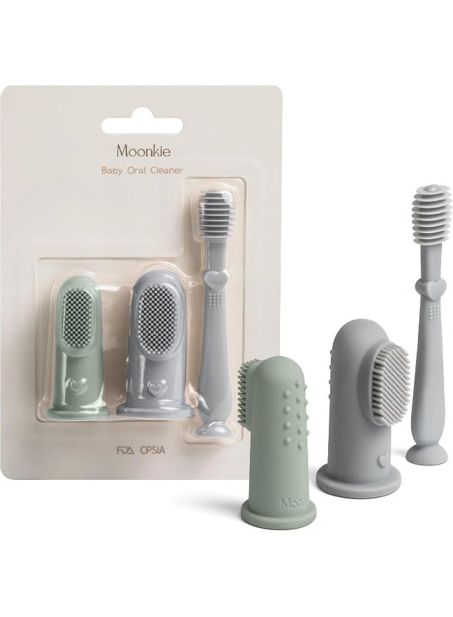 Moonkie طقم تنظيف فم الأطفال من Moonkie – 3 قطع | سيليكون آمن بدرجة طعام | فرشتان للأسنان ومنظف لسان ناعم | خالٍ من BPA وPVC | آمن للغسالة والميكروويف والمجمد - Image 1