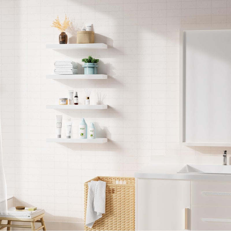 Bellsal Floating Shelves for Wall, White Engineered Wood Wall Shelf Set of 4, 16" Wall Mounted Floating Shelf for Kitchen, Living Room, Bedroom, Bathroom Storage, Book Shelf for Walls Home Decor - Image 4