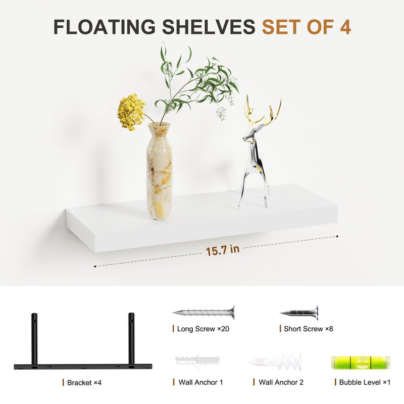 Bellsal Floating Shelves for Wall, White Engineered Wood Wall Shelf Set of 4, 16" Wall Mounted Floating Shelf for Kitchen, Living Room, Bedroom, Bathroom Storage, Book Shelf for Walls Home Decor - Image 3