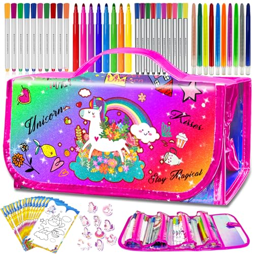 weirtoya 56 PCS Washable Scented Markers with Glitter Pencil Case Mermaid Unicorn Arts and Crafts for kids 468 Kids Coloring Drawing Kits for 48 Years Old Girls Xmas Gifts Stocking Stuffers Rainbow 70 - Image 1