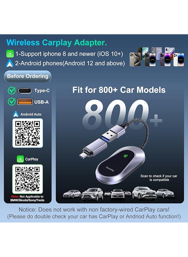 Generic Carplay Wireless Adapter For Iphone Android, Bluetooth Carplay Adapter For Apple Ipad, Wifi Plug & Play Usb/Usb C Wired To Wireless Carplay Adapter Dongle Convert For Car With Oem Carplay  - Image 3