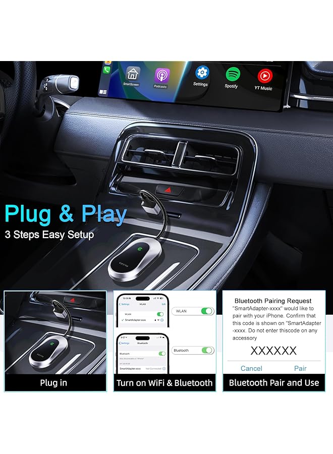 Generic Carplay Wireless Adapter For Iphone Android, Bluetooth Carplay Adapter For Apple Ipad, Wifi Plug & Play Usb/Usb C Wired To Wireless Carplay Adapter Dongle Convert For Car With Oem Carplay  - Image 4
