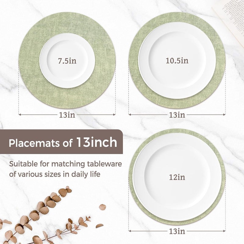 NCUE 13" Round Placemats Set of 6, Reversible Faux Leather Heat Resistant Table Mats, Waterproof Oilproof Wipeable Table Protective Placemats for Vinyl, Washable for Indoor & Outdoor Use (6, Light Green) - Image 2