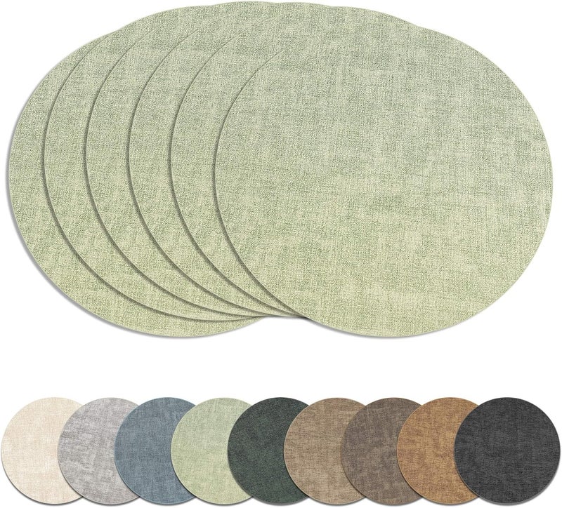 NCUE 13" Round Placemats Set of 6, Reversible Faux Leather Heat Resistant Table Mats, Waterproof Oilproof Wipeable Table Protective Placemats for Vinyl, Washable for Indoor & Outdoor Use (6, Light Green) - Image 1