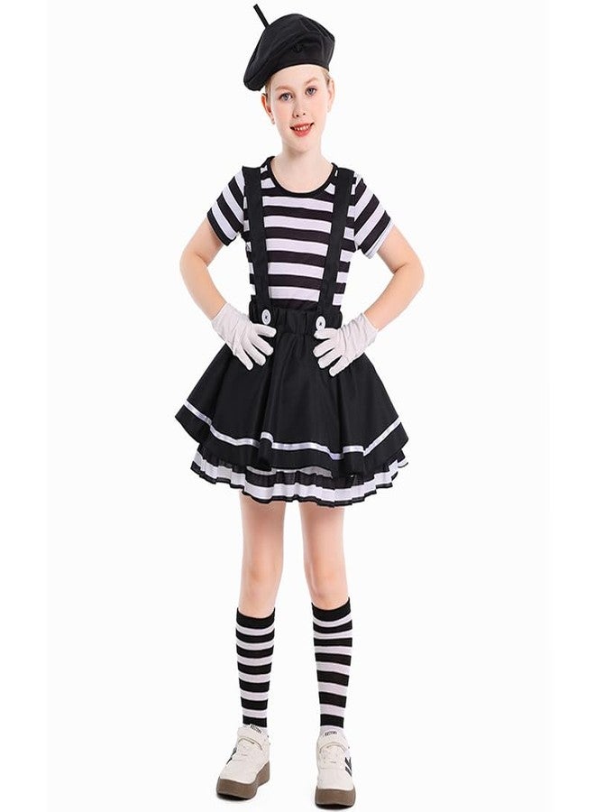 TOONRAIN Kid's Clown Mime Costume Striped Top and Suspender Skirt Theme Performance Dress Up XL(14-16Y) - Image 1