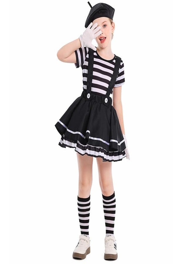 TOONRAIN Kid's Clown Mime Costume Striped Top and Suspender Skirt Theme Performance Dress Up XL(14-16Y) - Image 4