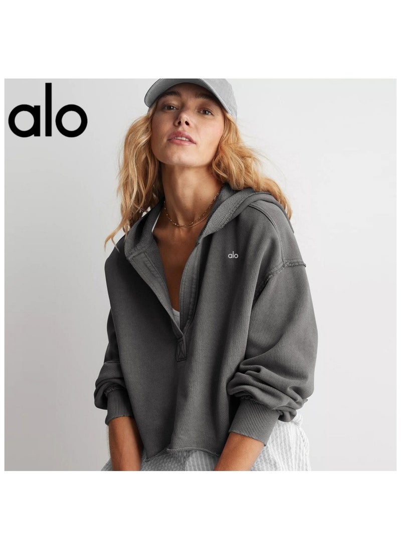 alo - ALO sweatshirt women's pullover V-neck long sleeve top dropped shoulder sleeves knitted jacket fitness sports hooded yoga wear - Image 1