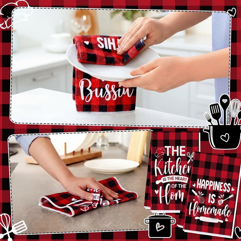Bencailor 4 Pcs Red Black Kitchen Towels Happiness Dish Towels Heart of the Home Quote Decorative Hand Tea Dishcloths with Hanging Loop for Home Housewarming Gift Funny Kitchen Decor Accessories - Image 2