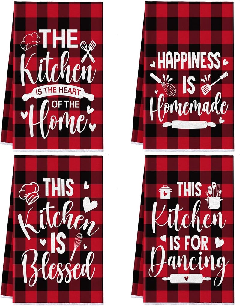 Bencailor 4 Pcs Red Black Kitchen Towels Happiness Dish Towels Heart of the Home Quote Decorative Hand Tea Dishcloths with Hanging Loop for Home Housewarming Gift Funny Kitchen Decor Accessories - Image 1