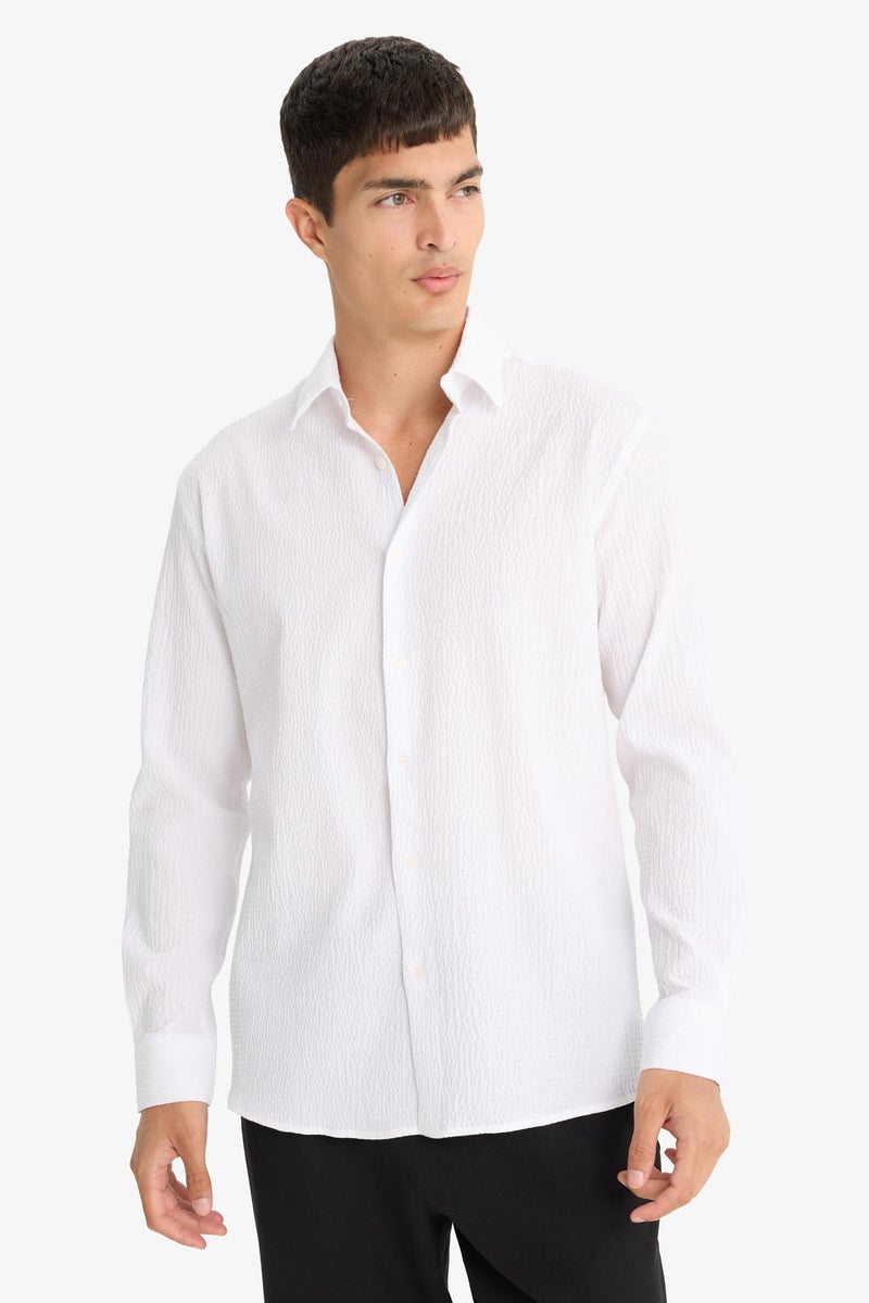 DeFacto White Man Modern Fit Polo Neck Crinkle Long Sleeve Shirt Casual - Image 3
