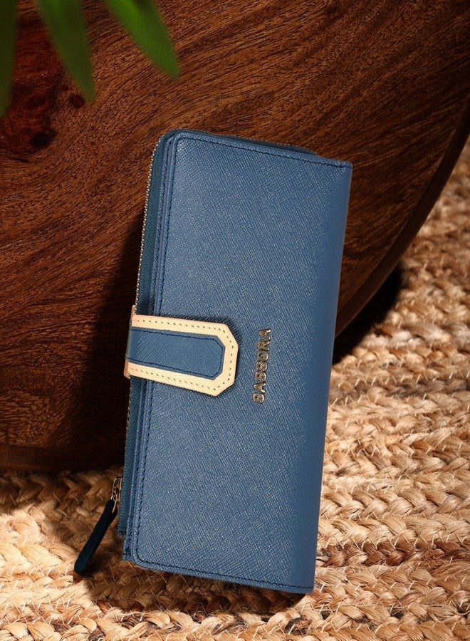 Sassora Premium Leather Women RFID Snap Closure Purse (Blue Beige) - Image 3