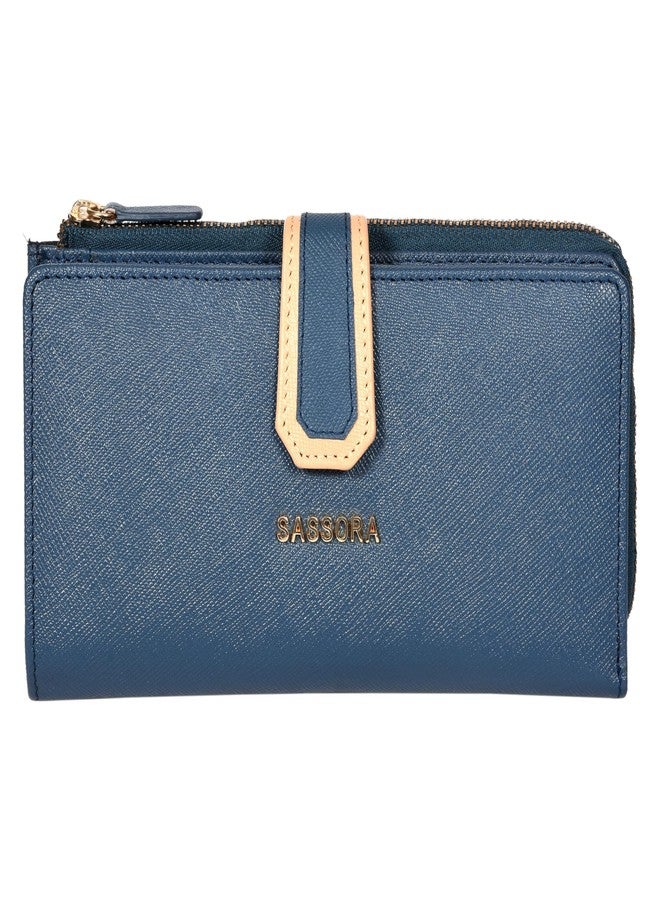 Sassora Premium Leather Women RFID Snap Closure Purse (Blue Beige) - Image 1