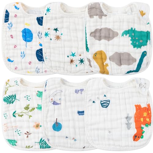 Zainpe 6Pcs Snap Muslin Cotton Baby Bibs Dinosaur Star Bear Pattern Bib, Adjustable Burp Cloths with 6 Absorbent & Soft Layers for Infants Newborns Toddlers Drooling Feeding Teething - Image 1