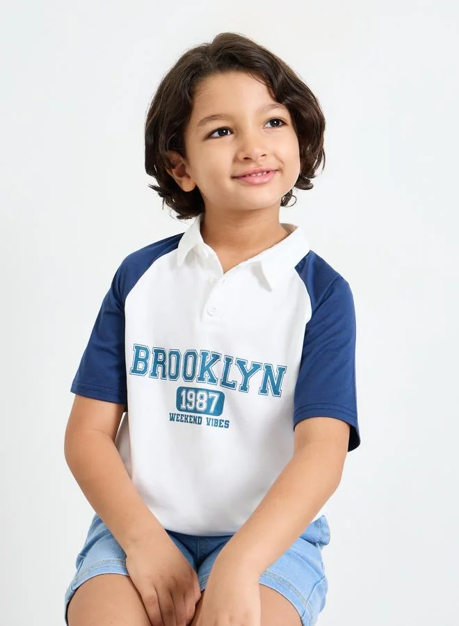 Styli Boys Text Print Raglan Sleeve Polo T-Shirt