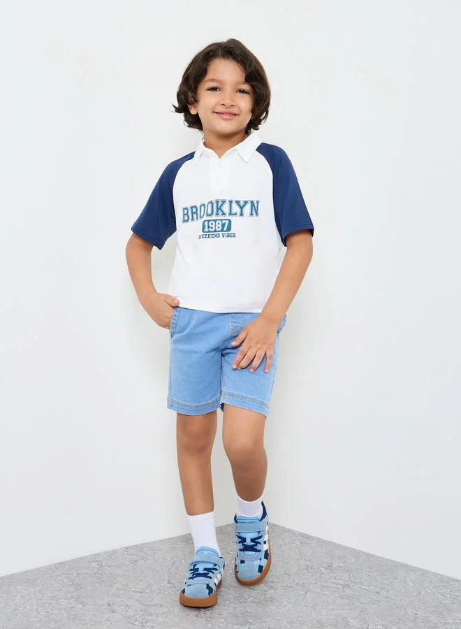 Styli Boys Text Print Raglan Sleeve Polo T-Shirt