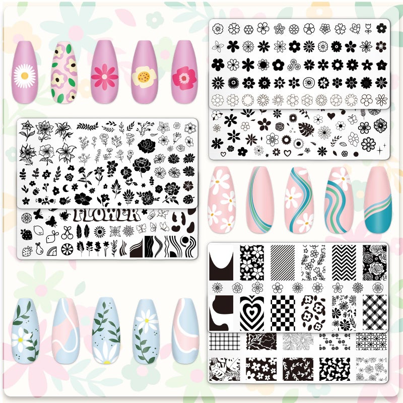 Whaline 6 Pcs Simple Floral Nail Plates Stamping Set Flower Leaves Stamp Templates Nail Art Plates for DIY Print Manicure Salon Design Gift - Image 3