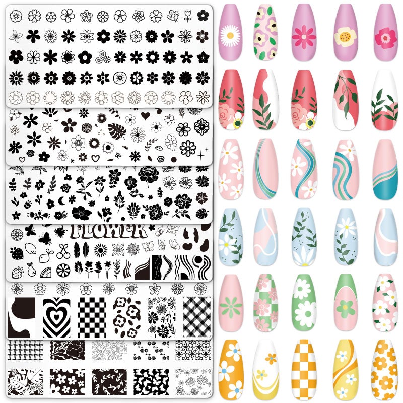 Whaline 6 Pcs Simple Floral Nail Plates Stamping Set Flower Leaves Stamp Templates Nail Art Plates for DIY Print Manicure Salon Design Gift - Image 1