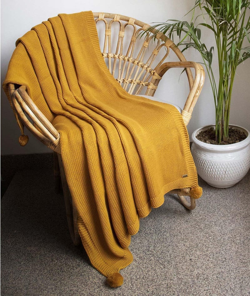 Enera Chunky Jersey-Mustard Color Throw – Lightweight, Soft Cotton Throw Blanket, Perfect for Sofa, Bed, or Travel, Elegant Decorative Design, 125x150 cm  - Image 1