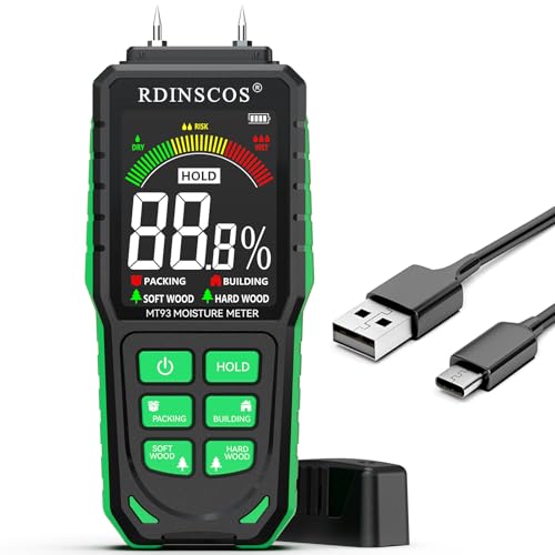 RDINSCOS Rechargeable Moisture Meter for Wood, Drywall & Flooring – Pin-Type Moisture Detector with Replaceable Pins, Hold Function & Custom Wood Settings - Image 1