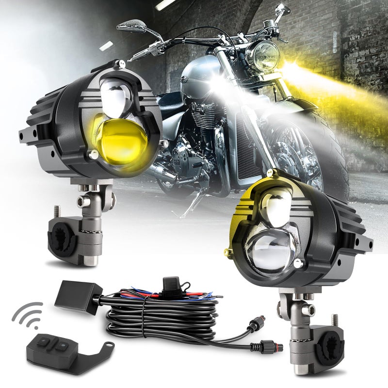 COLIGHT 100W Motorcycle Fog Lights 30000 LM Amber White Strobe Pod Lights 5 Modes Offroad Work Lights Spotlight LED Driving Light with 6FT Waterproof Wiring Harness Kit 2 Pack