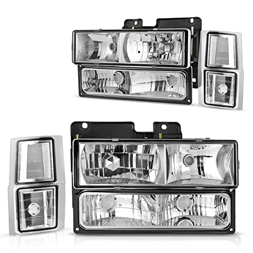 DWVO Headlight Assembly Compatible with Chevy C/K Series 1500 2500 3500/Tahoe/Suburban/Silverado 1994-1999 Crystal Headlamp w/Corner & Bumper Light (Chrome) - Image 1