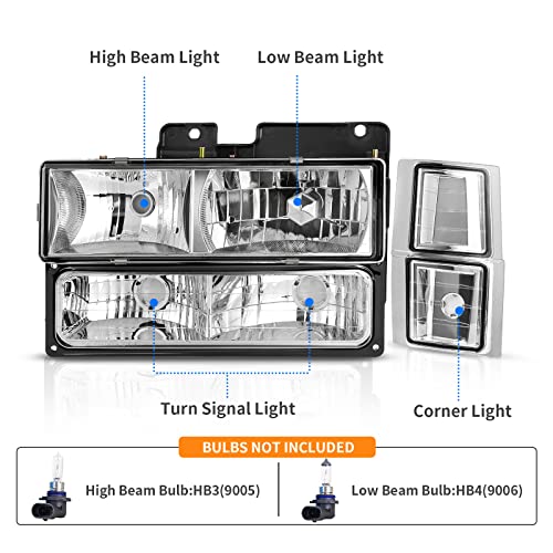 DWVO Headlight Assembly Compatible with Chevy C/K Series 1500 2500 3500/Tahoe/Suburban/Silverado 1994-1999 Crystal Headlamp w/Corner & Bumper Light (Chrome) - Image 2